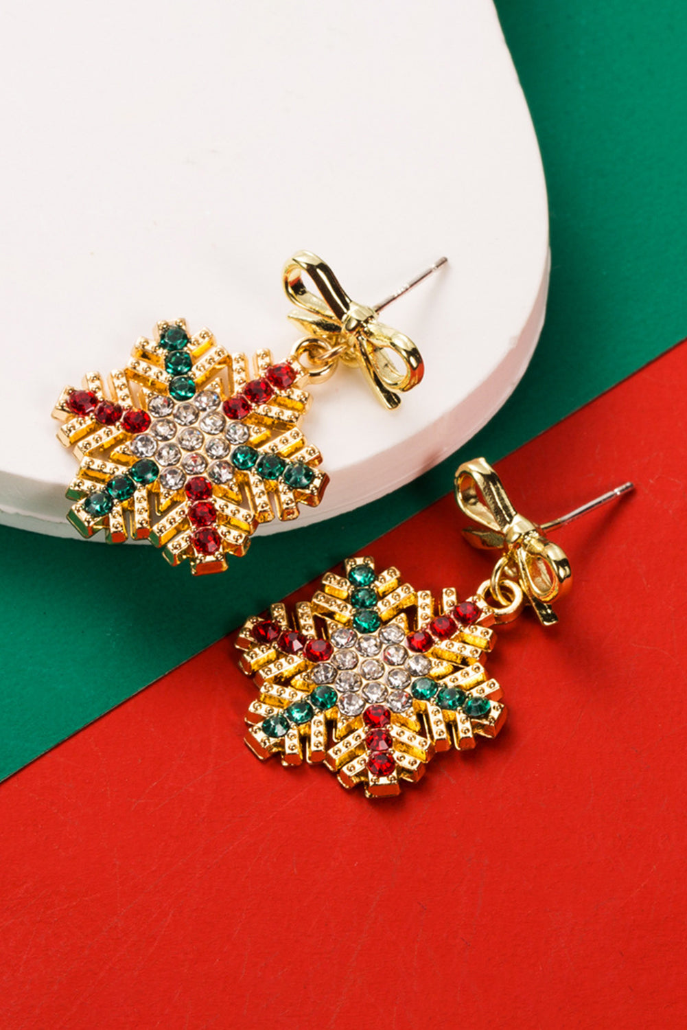 Gold Rhinestone Snowflake Bow Christmas Dangle Earrings