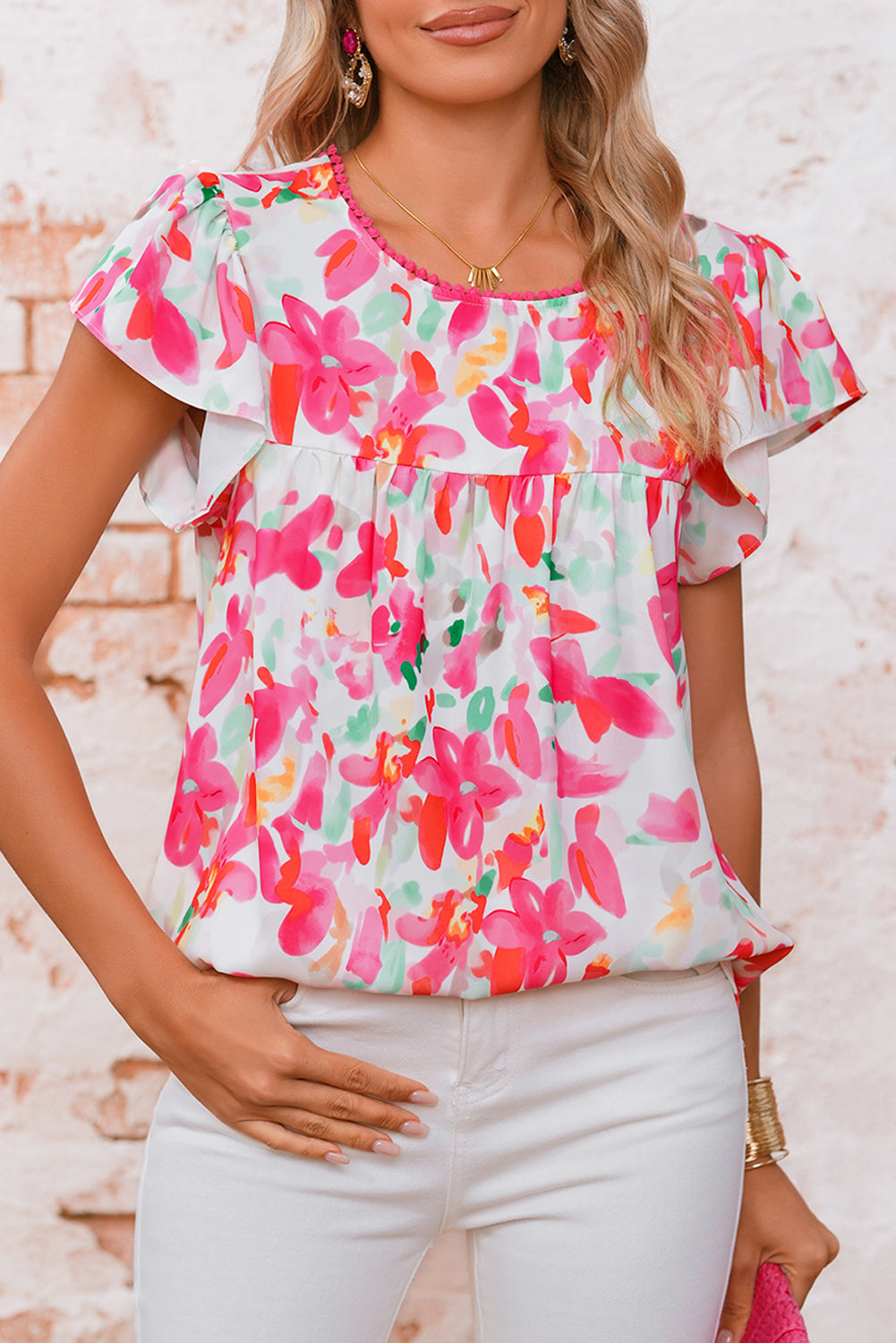 Rose Floral Print Flutter Sleeve Round Neck Blouse