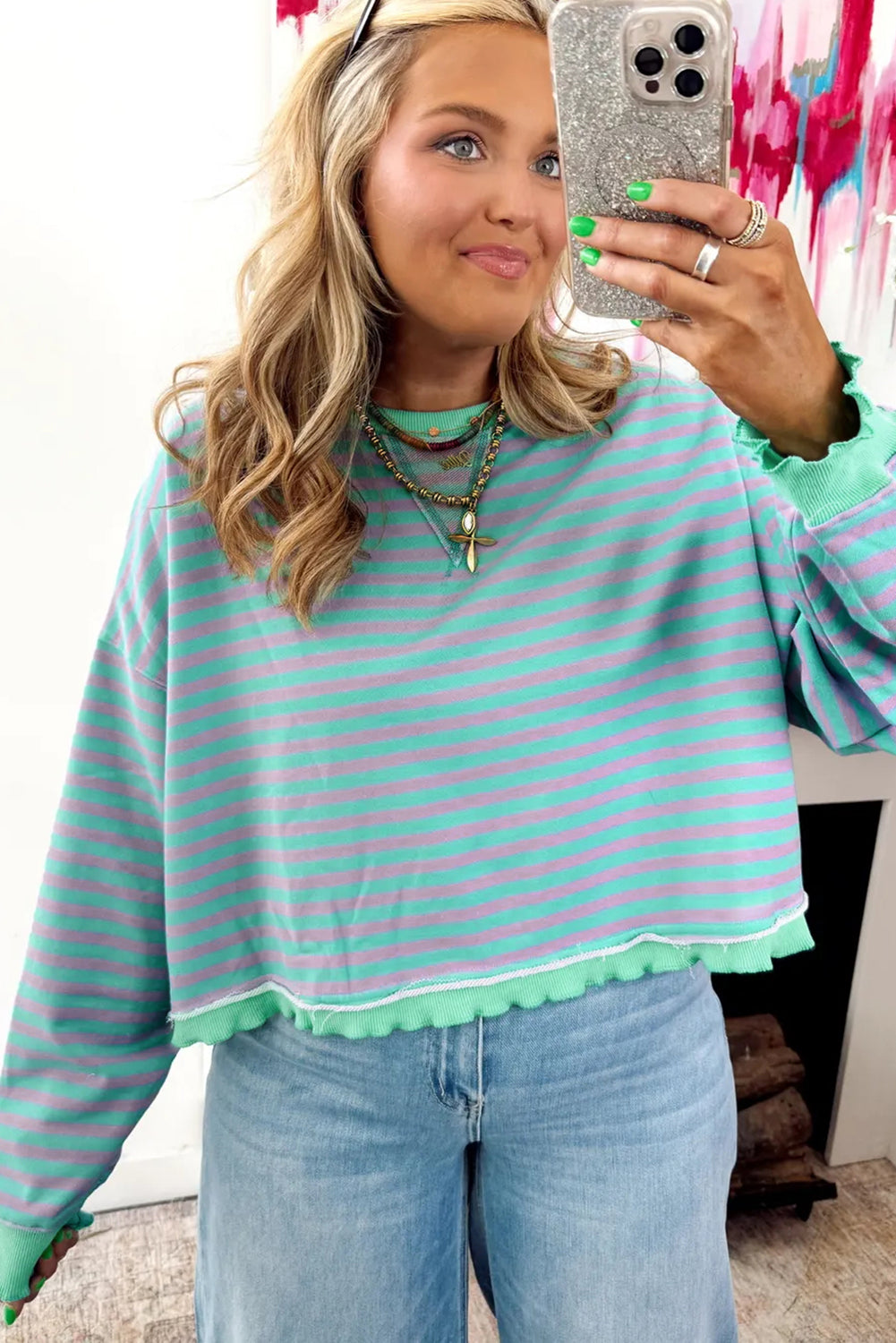 Green Stripe Exposed Seam Contrast Ribbed Trim Oversize Sweatshirt