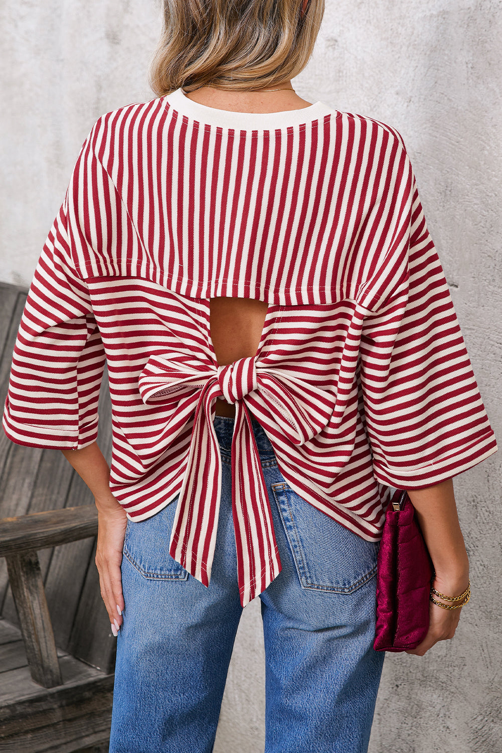 Pink Striped Bowknot Backless Drop Sleeve T-Shirt