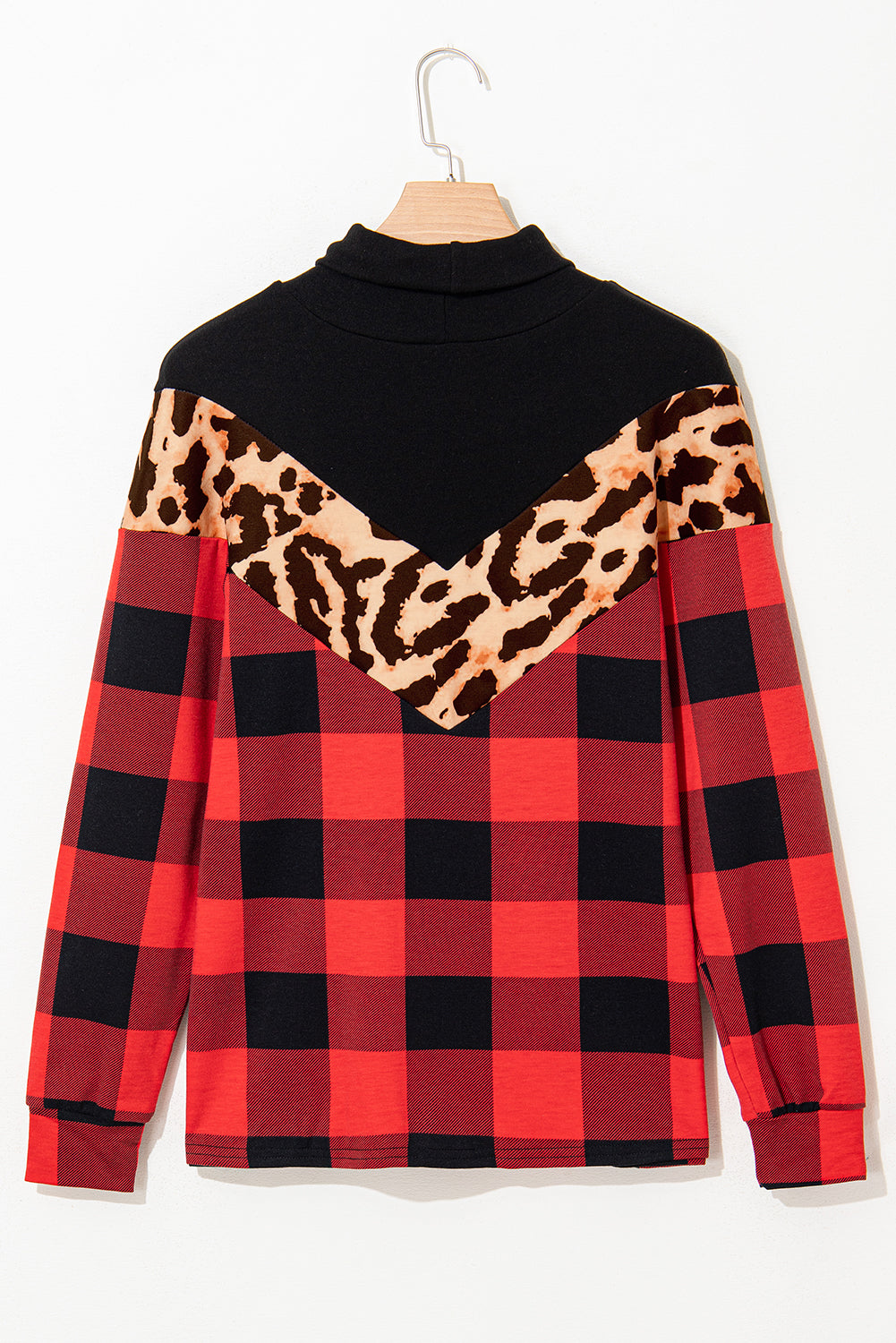 Red Casual Chevron Plaid Leopard Patchwork Sweatshirt