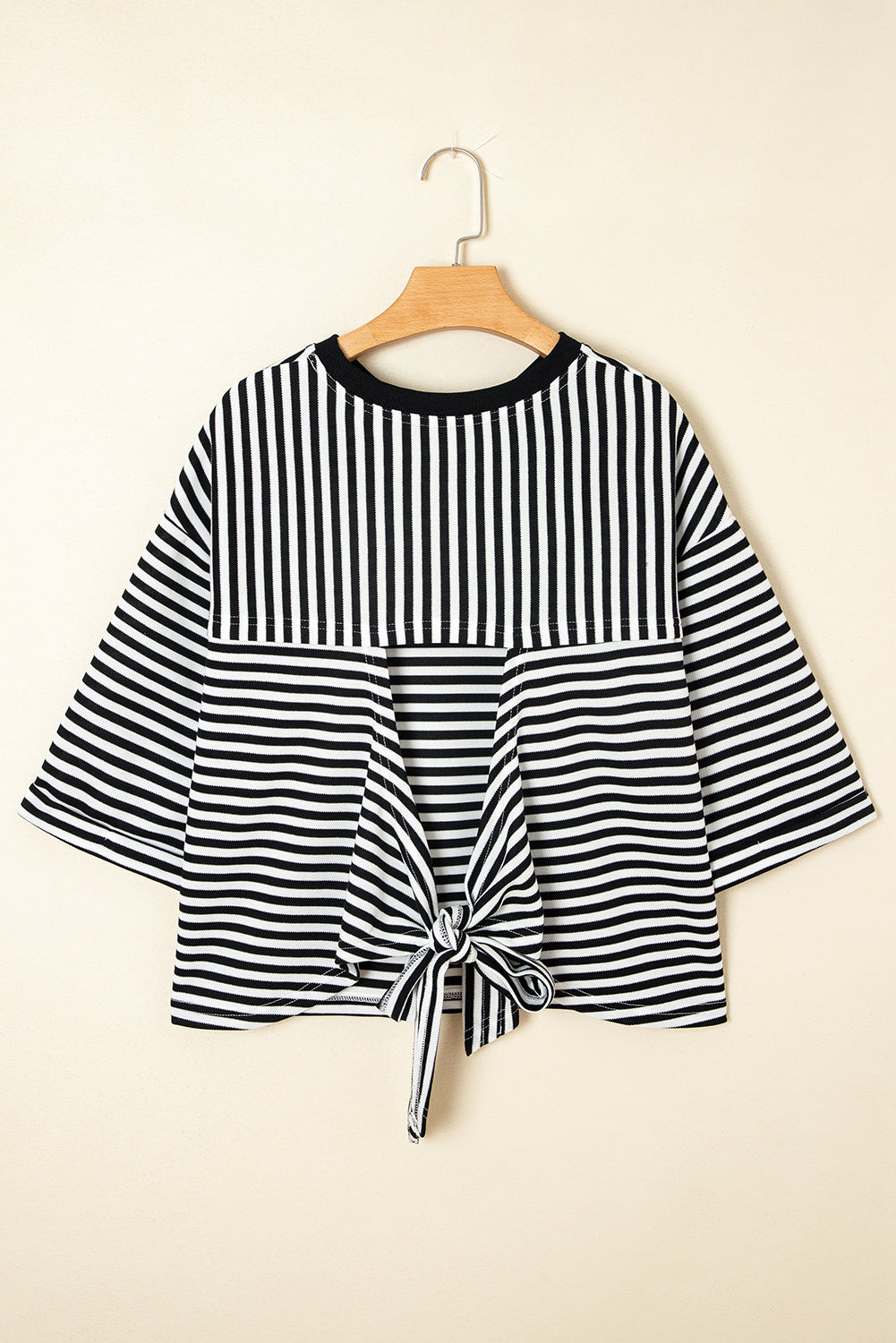 Pink Striped Bowknot Backless Drop Sleeve T-Shirt