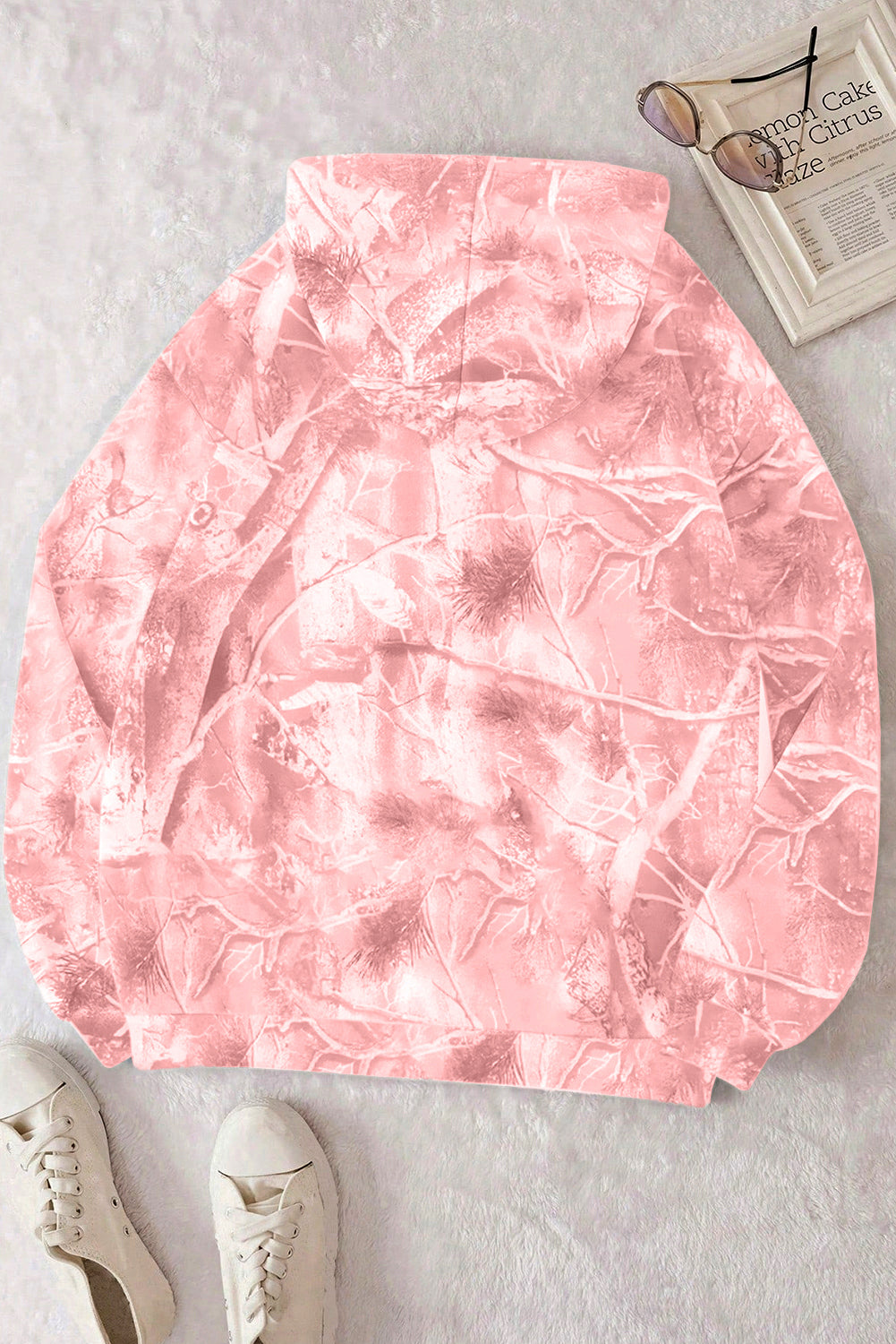 Light Pink Camouflage Plant Print Kangaroo Pocket Oversized Hoodie