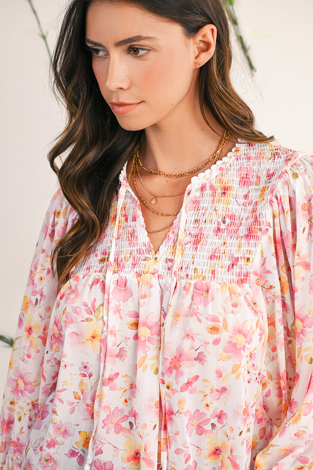 Pink Floral Print Tassel Tie Smocked V Neck Puff Sleeve Tunic Blouse