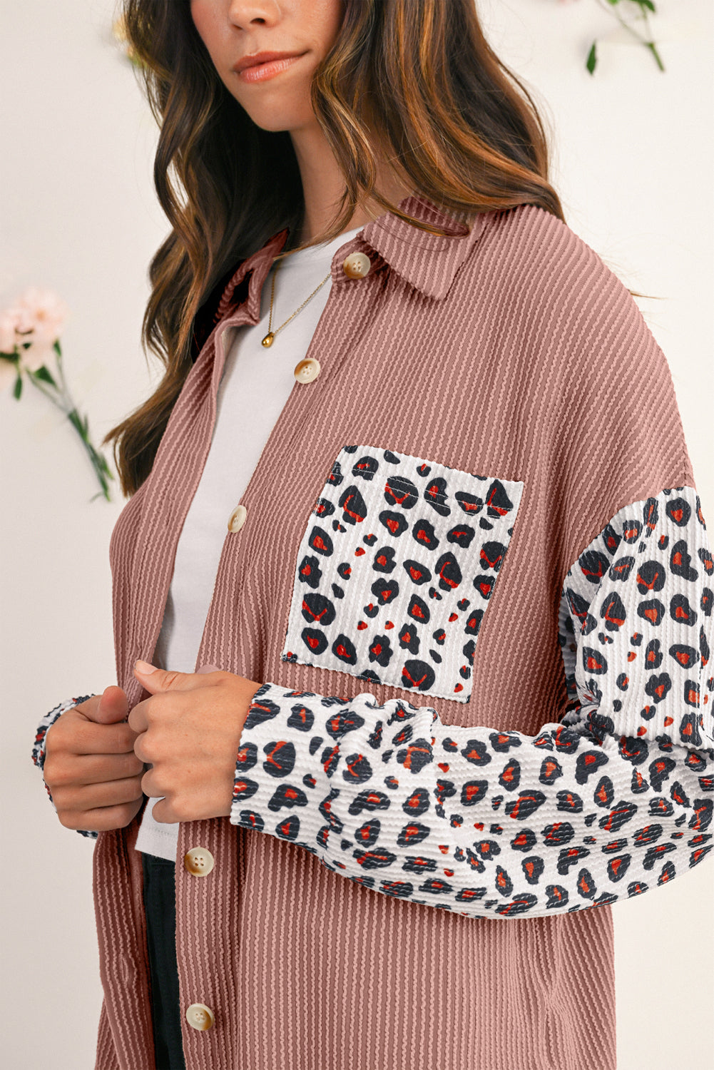 Dark Khaki Leopard Patchwork Twisted Ribbed Casual Shacket