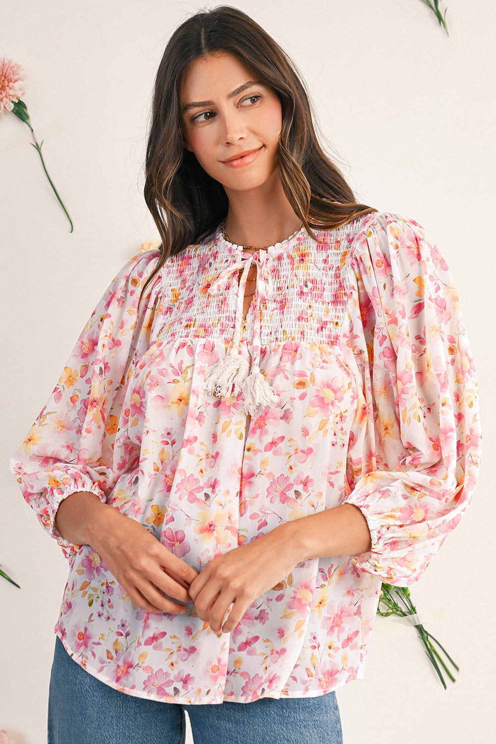 Pink Floral Print Tassel Tie Smocked V Neck Puff Sleeve Tunic Blouse