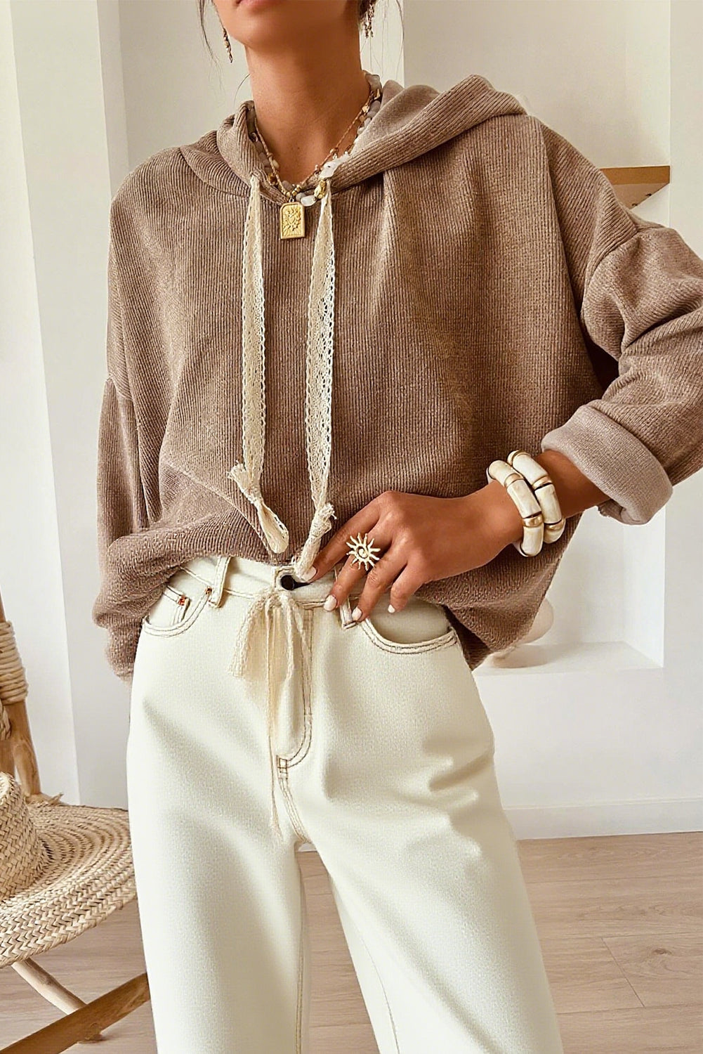 Parchment Thermal Textured Leopard Drawstring Baggy Hoodie