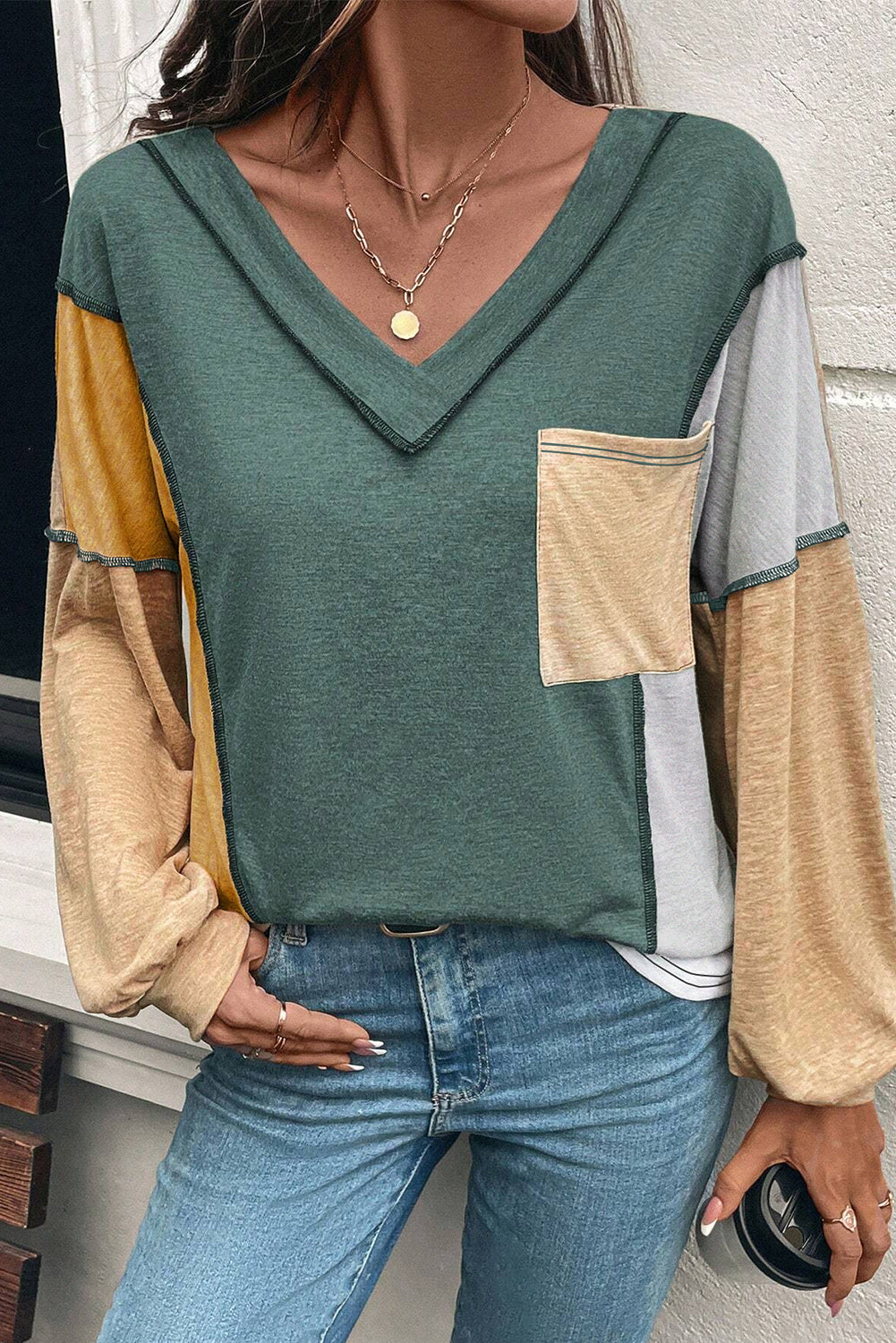 Green Exposed Stitching Colorblock V Neck Long Sleeve Top