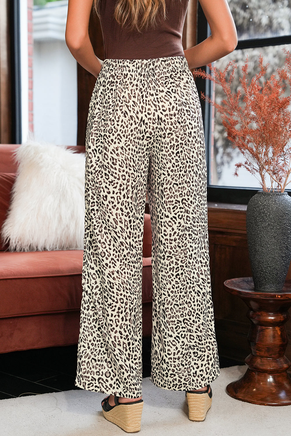 Brown Leopard Drawstring Loose Pants