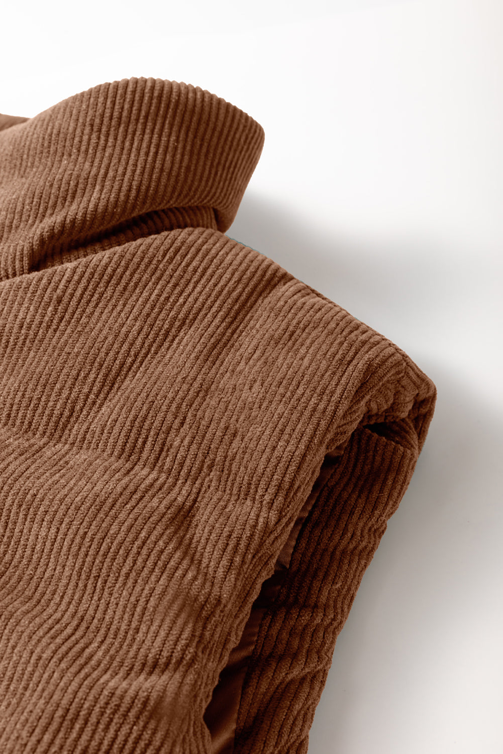 Beige Corduroy Stand Neck Zipped Puffer Vest