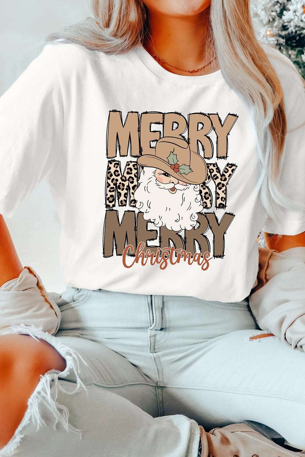 White Merry Christmas Western Santa Claus T Shirt