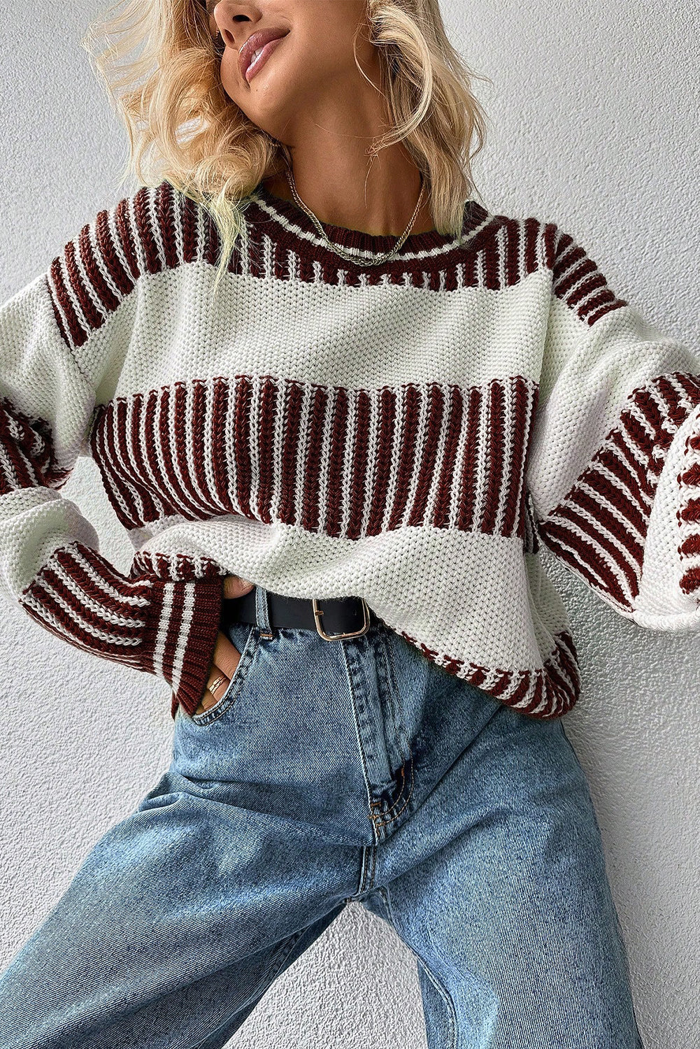 Khaki Two Tone Striped Patchwork Drop Shoulder Sweater