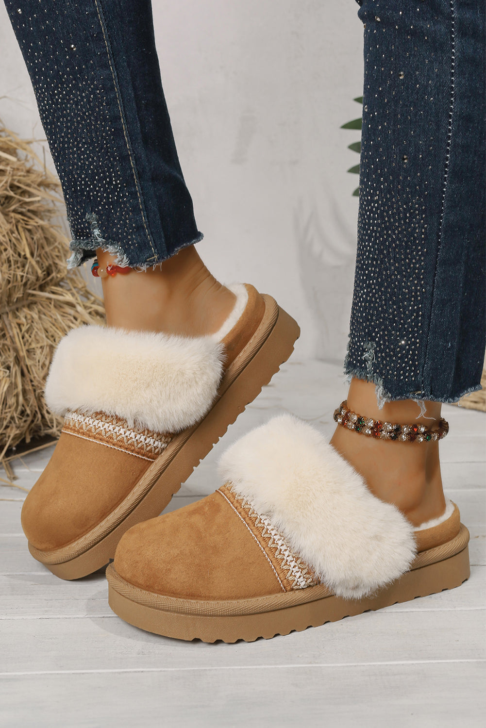 White Suede Fuzzy Winter Warm Platform Slippers