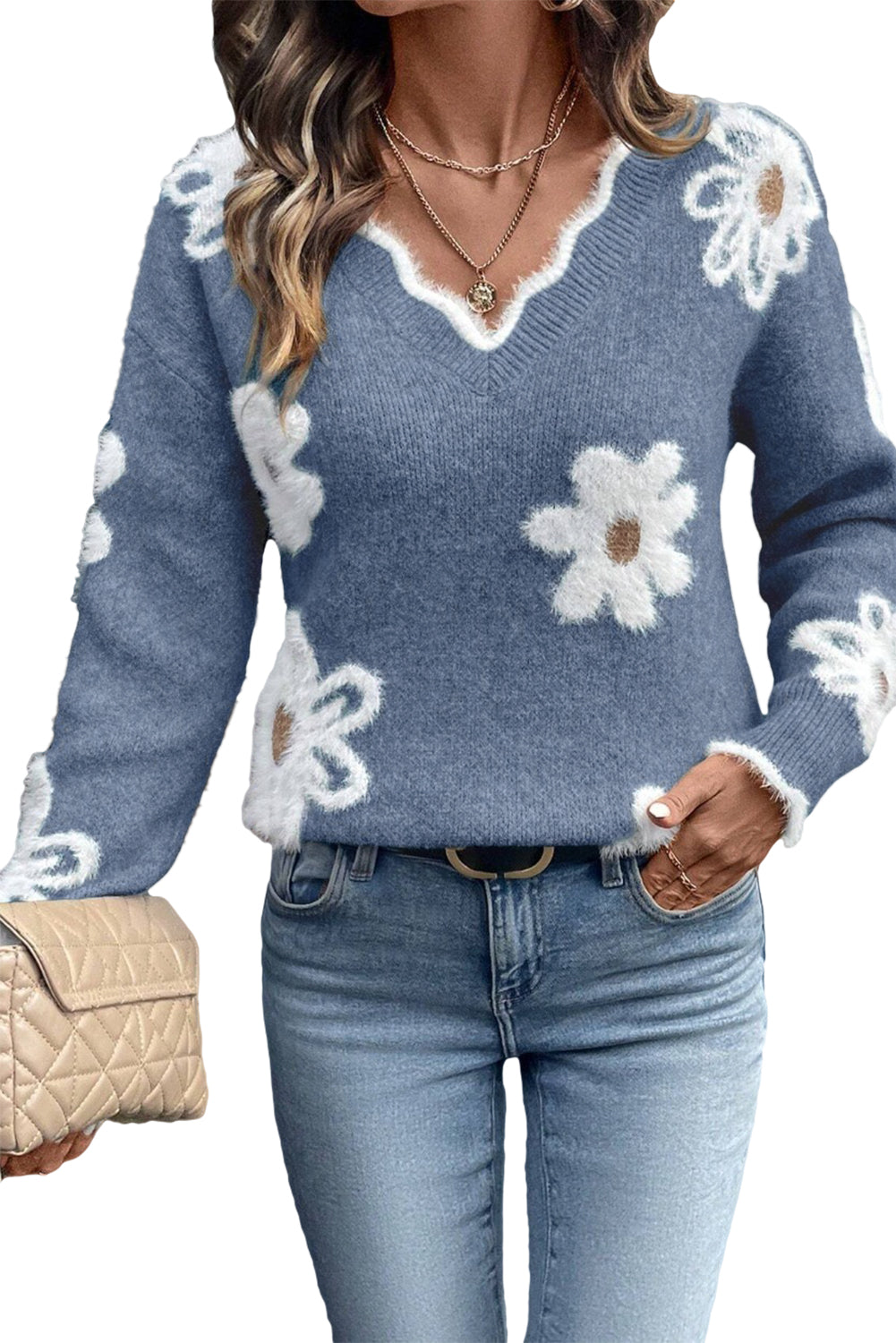 Dusk Blue Jacquard Floral Scallop V-neck Sweater