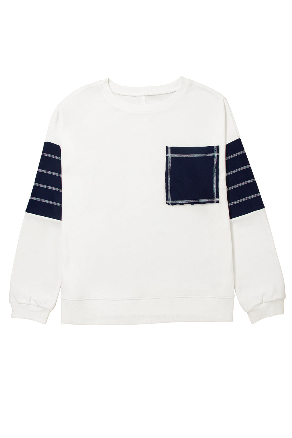White Denim Patchwork Ribbed Round Neck Pullover Sweatshirt