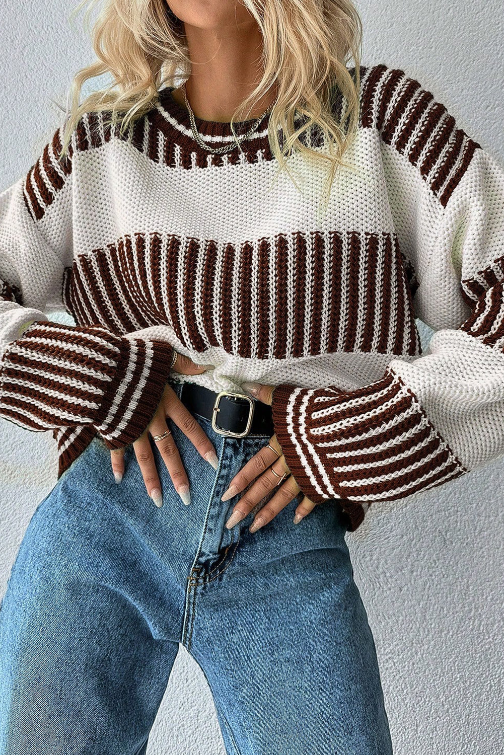 Khaki Two Tone Striped Patchwork Drop Shoulder Sweater