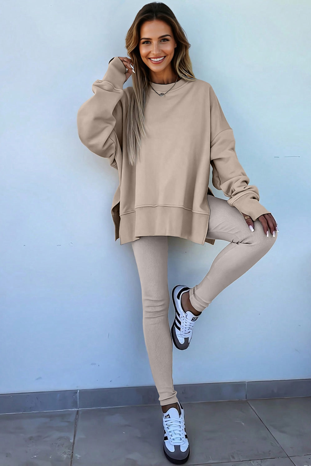Green Bay Solid Color Oversize Slit Sweatshirt Ribbed Leggings Set