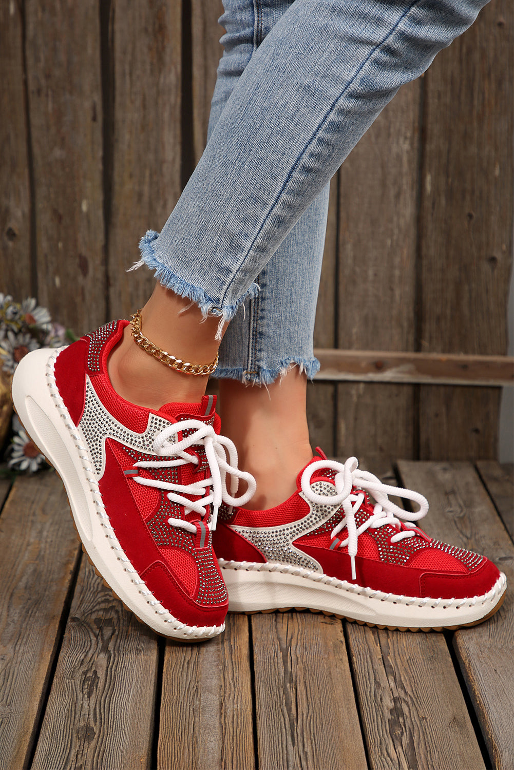 Fiery Red Rhinestone PU Leather Platform Casual Sneakers