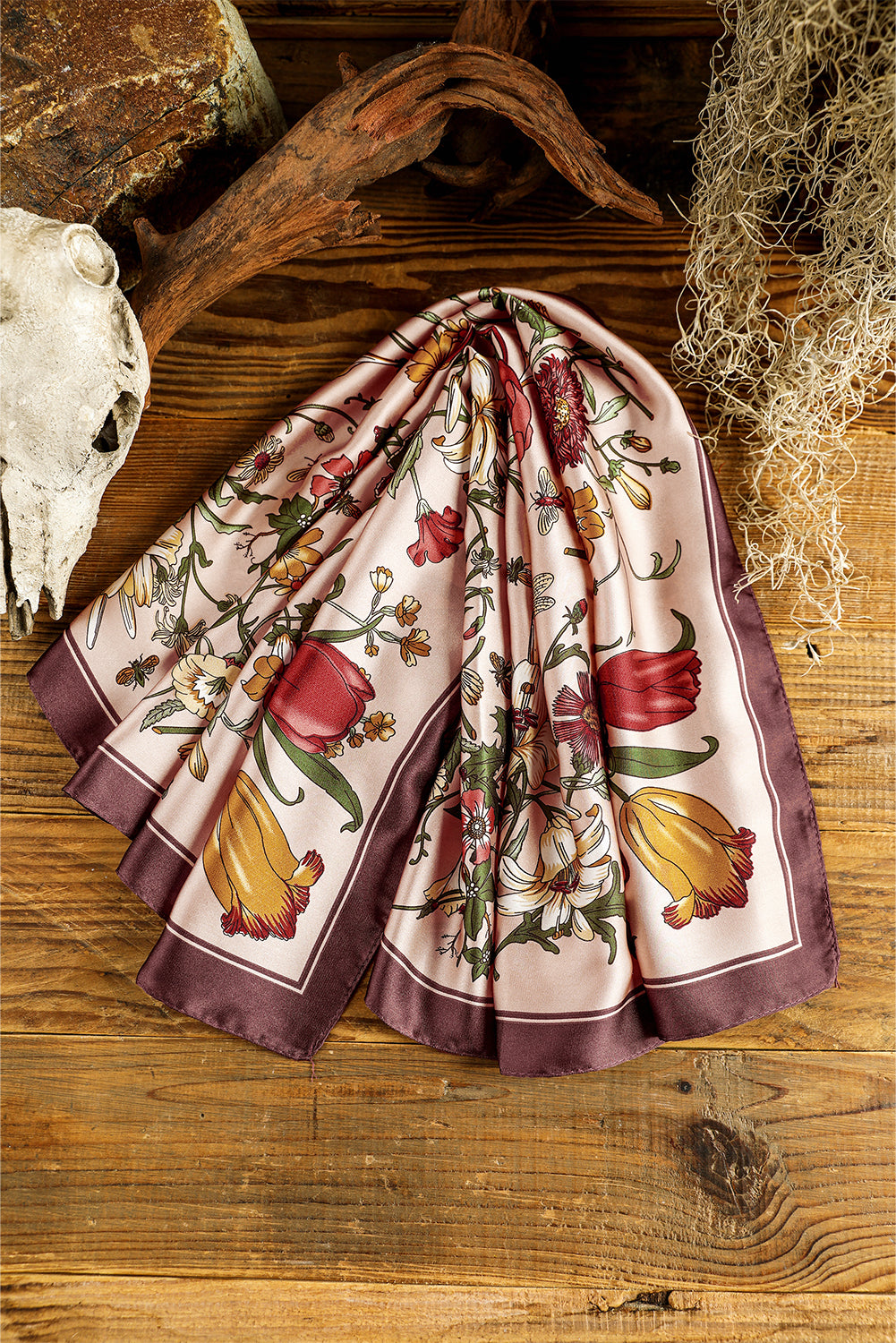 Apricot Pink Lightweight Retro Floral Print Square Scarf