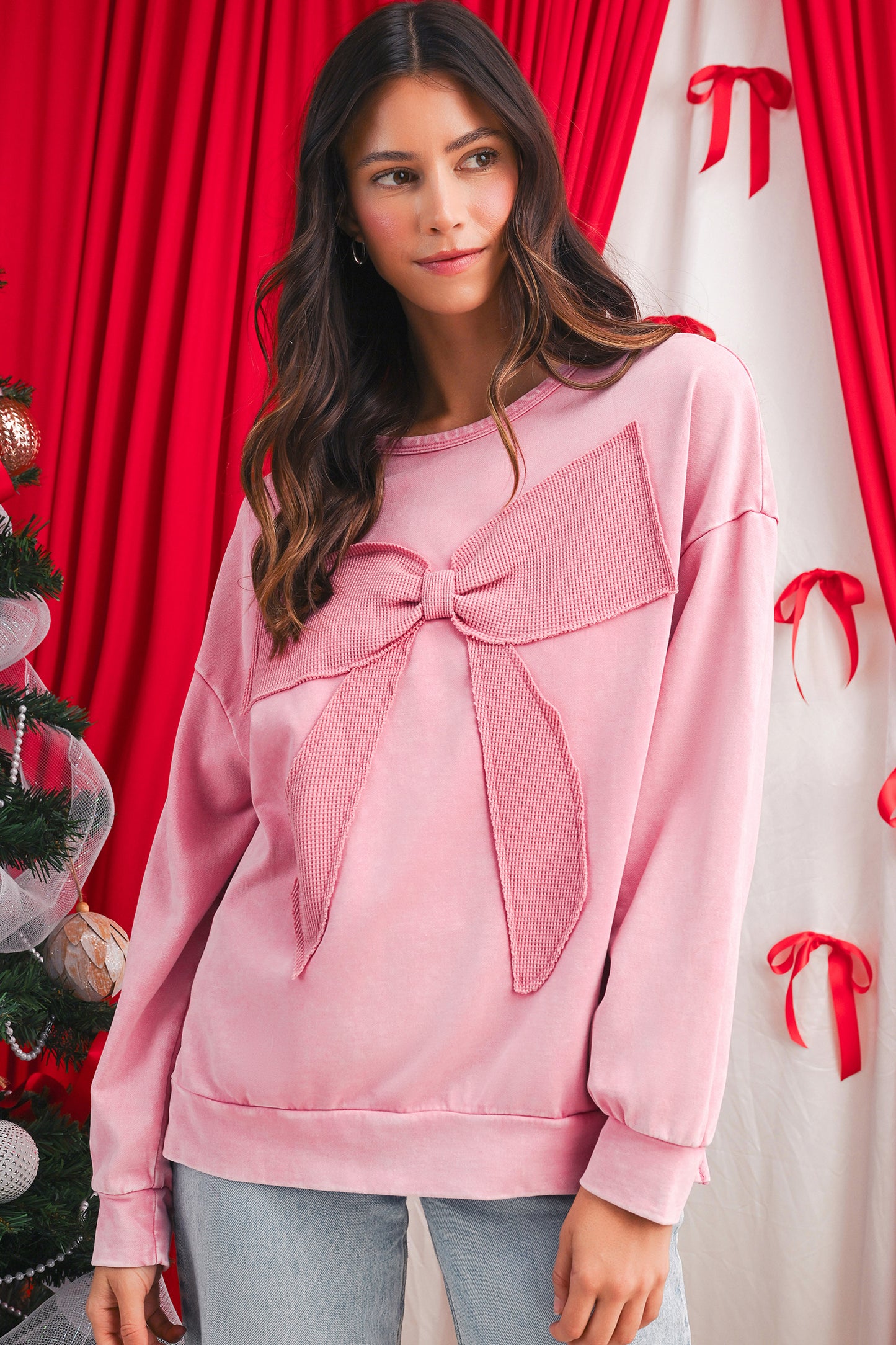 Orchid Bouquet Mineral Wash Waffle Bow Patched Pullover Sweatshirt