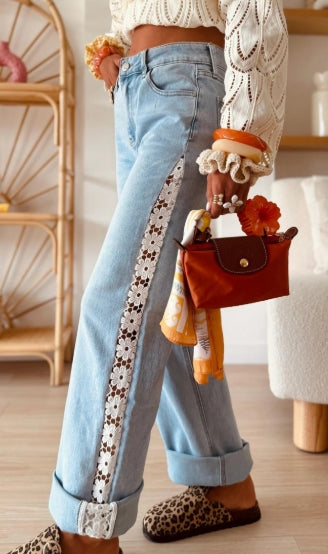 Pre-Order Beau Blue Hollowed Lace Patchwork Full-Length Jeans