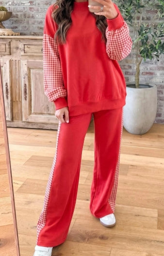 Pre-Order Fiery Red Plaid Contrast Long Sleeve Top And Wide Leg Pants Set