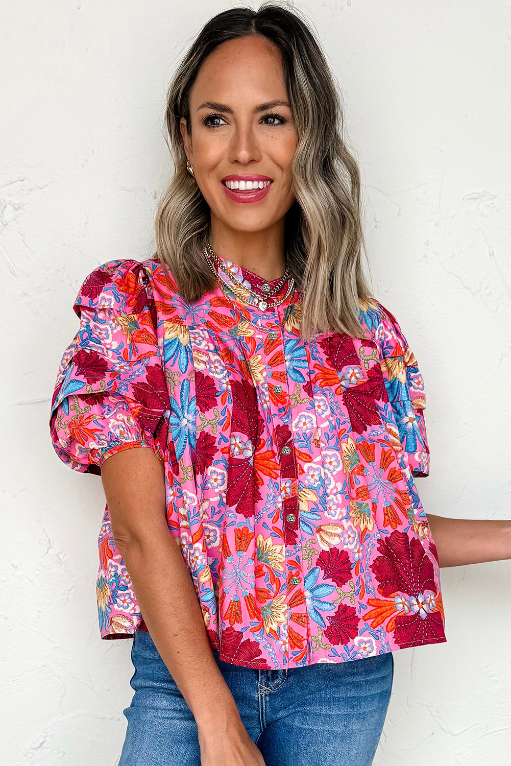 Pink Floral Print Bubble Sleeve Button Up Pleated Shirt