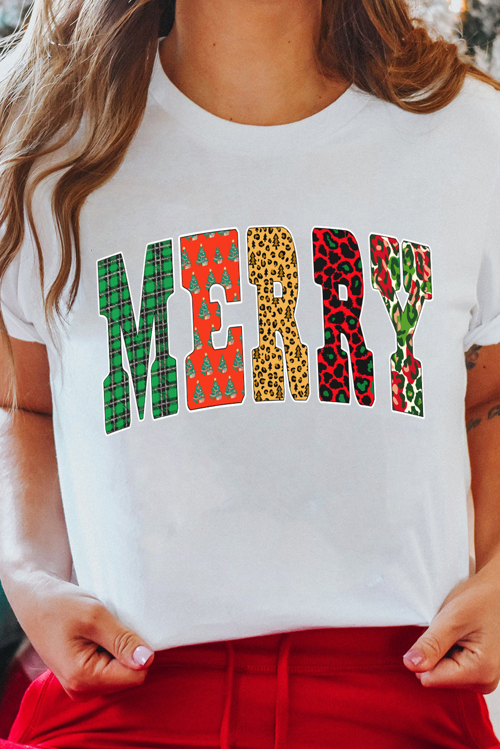 White Leopard Plaid Multi-pattern MERRY Letter Graphic Tee