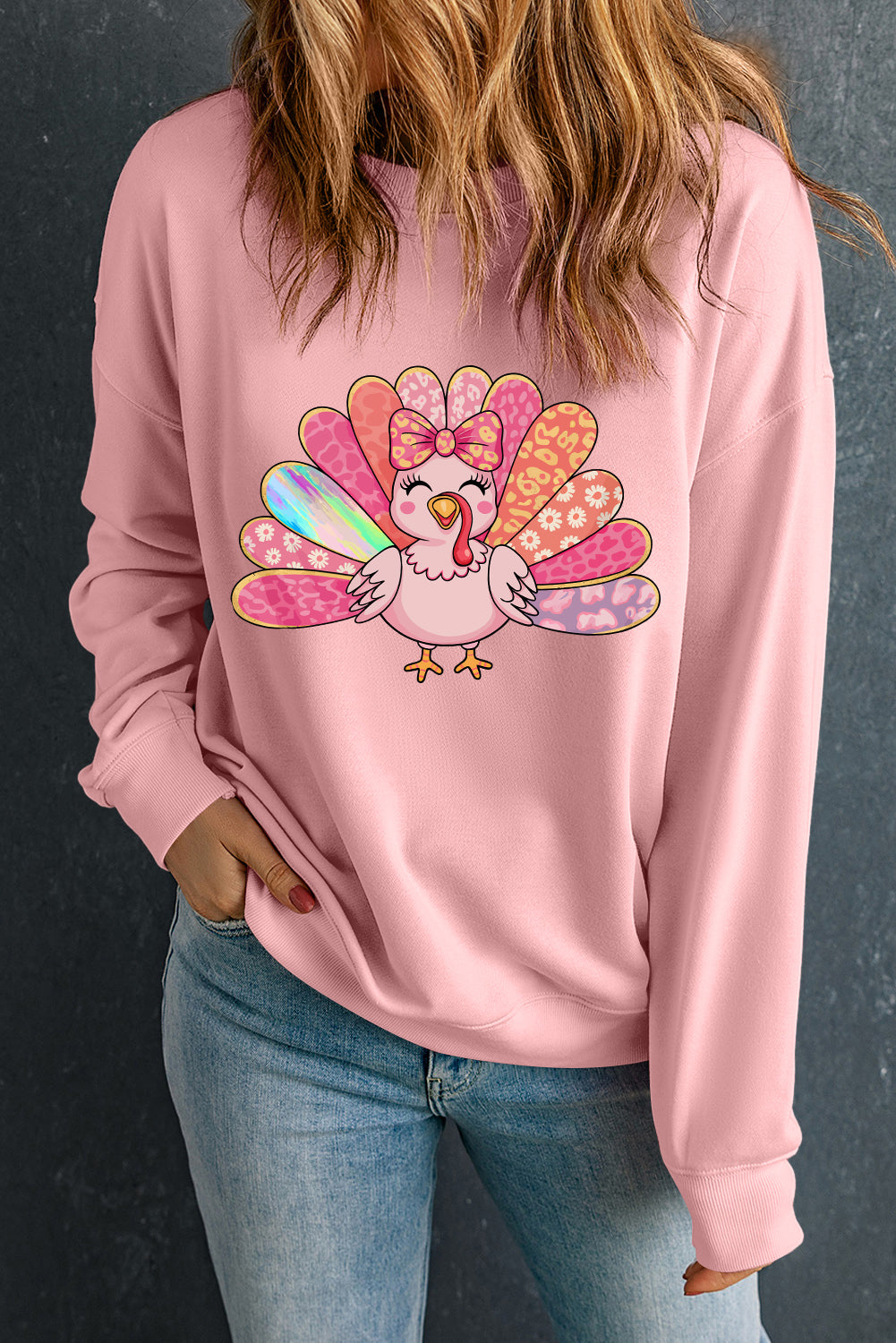 Pink Cute Thanksgiving Turkey Heat Transfer Printing Drop Shoulder Sweatshirt