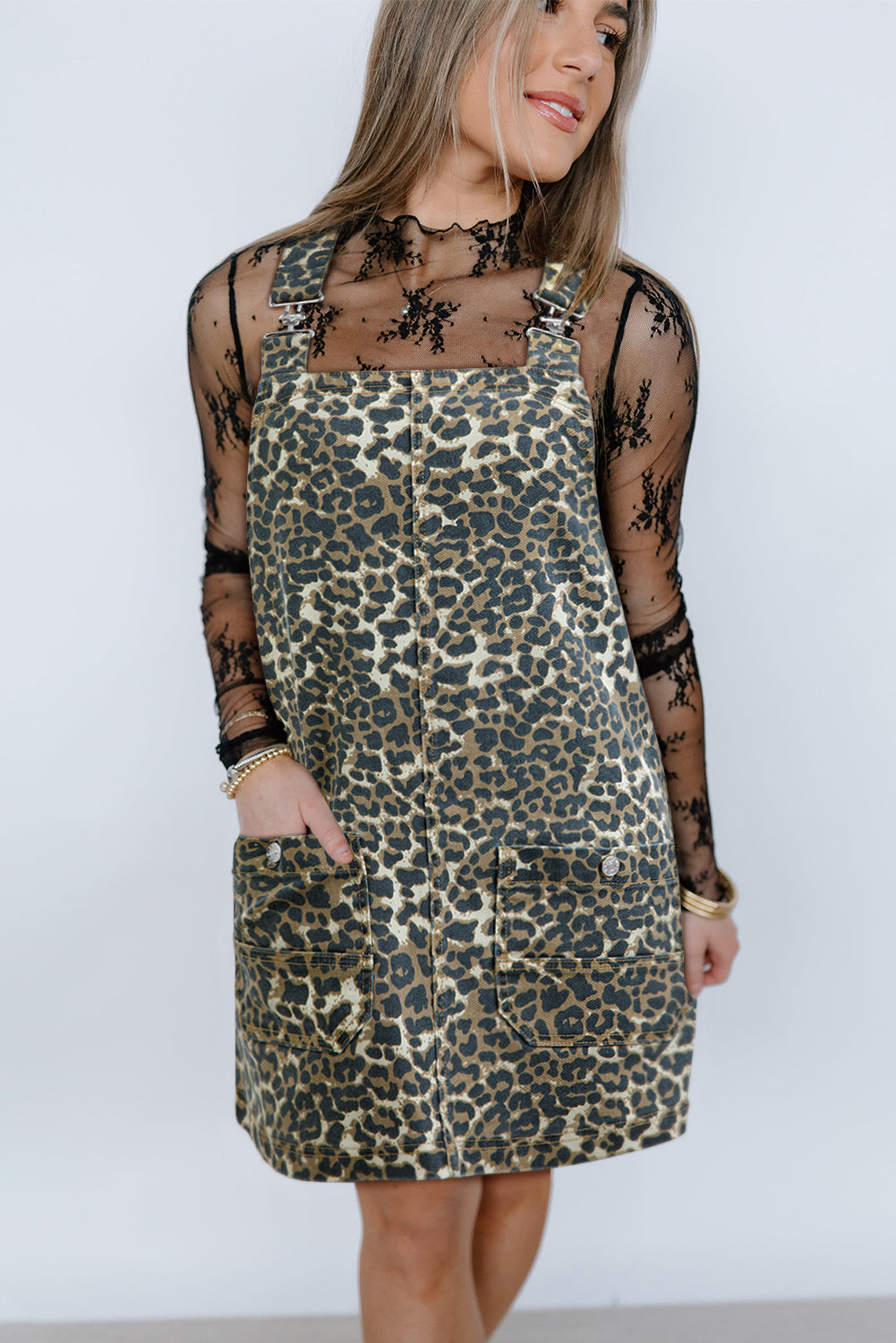 Gray Leopard Print Pocketed Loose Fit Denim Overall Dress