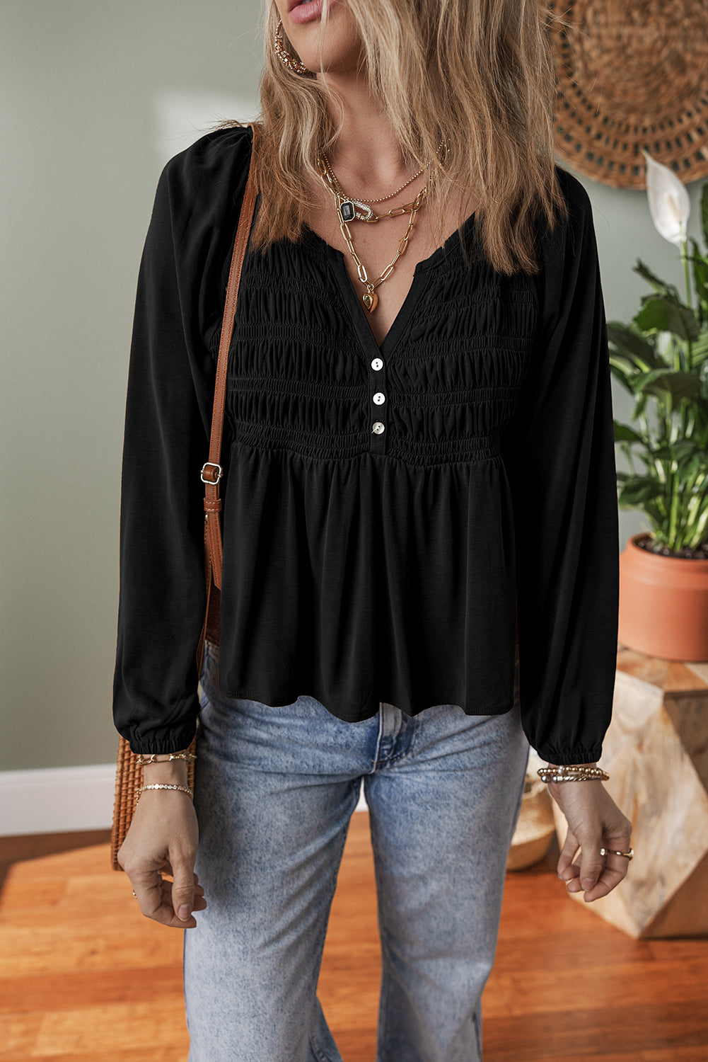 Black Smocked Bust Buttoned Split V Neck Flowy Blouse