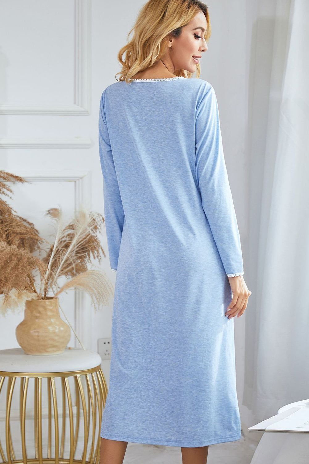 Beau Blue Lace Trim Long Sleeve Nightgown Dress