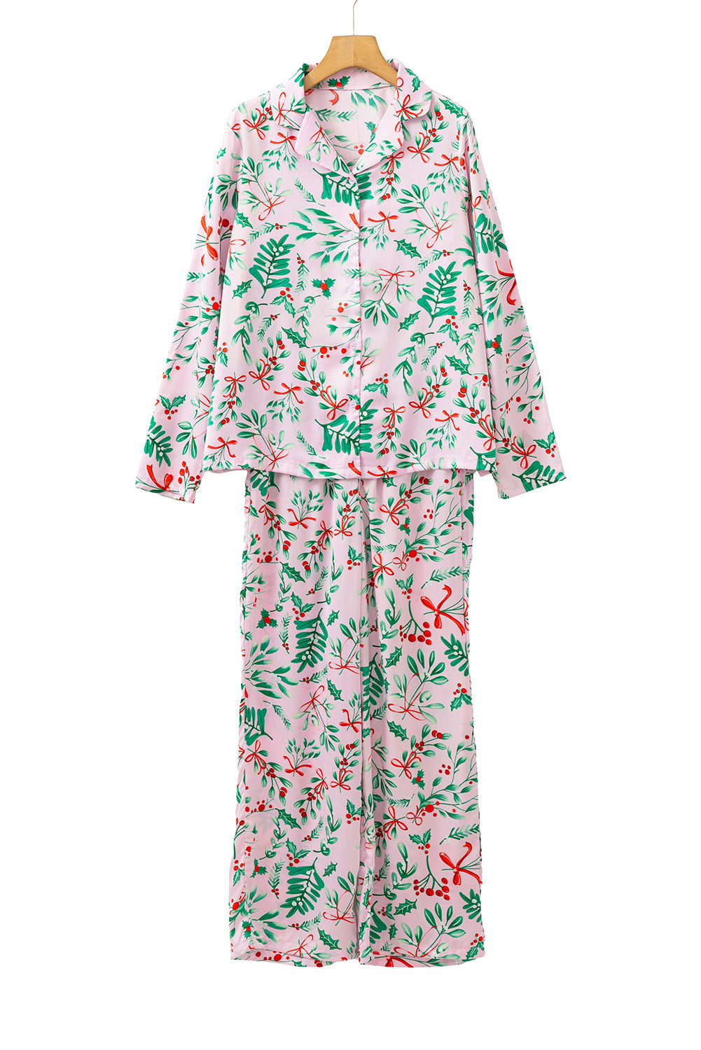 Pink Christmas Print Plush Edge Collar Shirt Pants Pajama Set