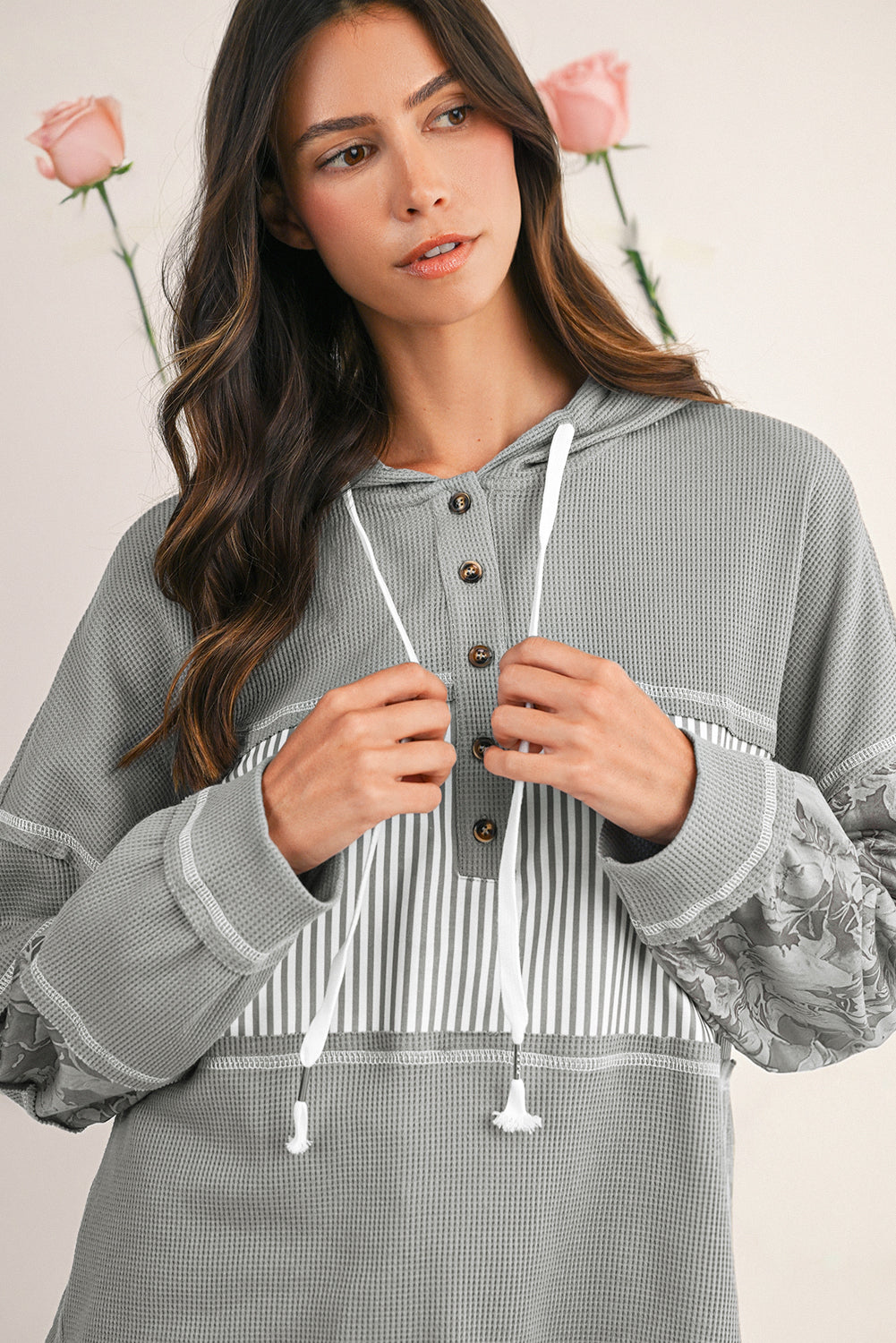 Gray Waffle Patchwork Drawstring Hooded Long Sleeve Top