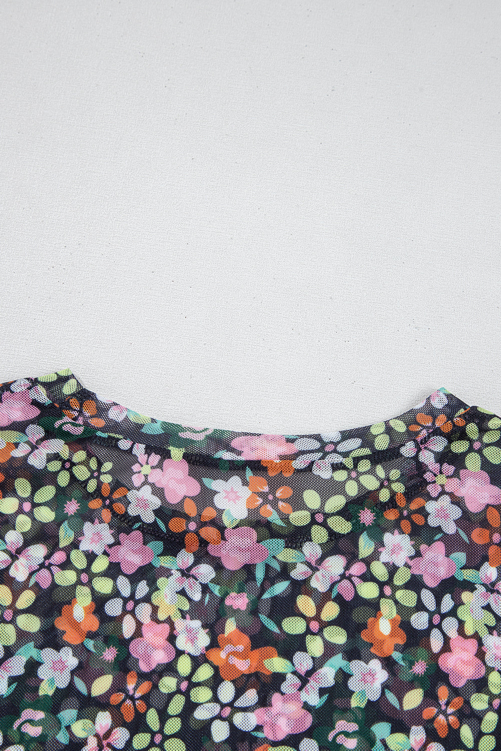 Black Sheer Mesh Floral Round Neck T Shirt with Camisole