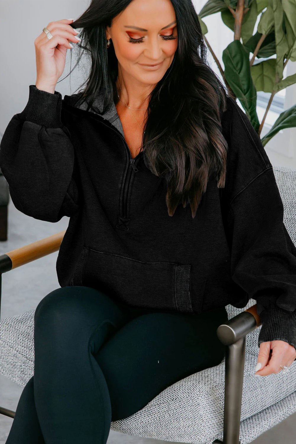 Elmwood Half Zip Kangaroo Pocket Mineral Wash Baggy Hoodie