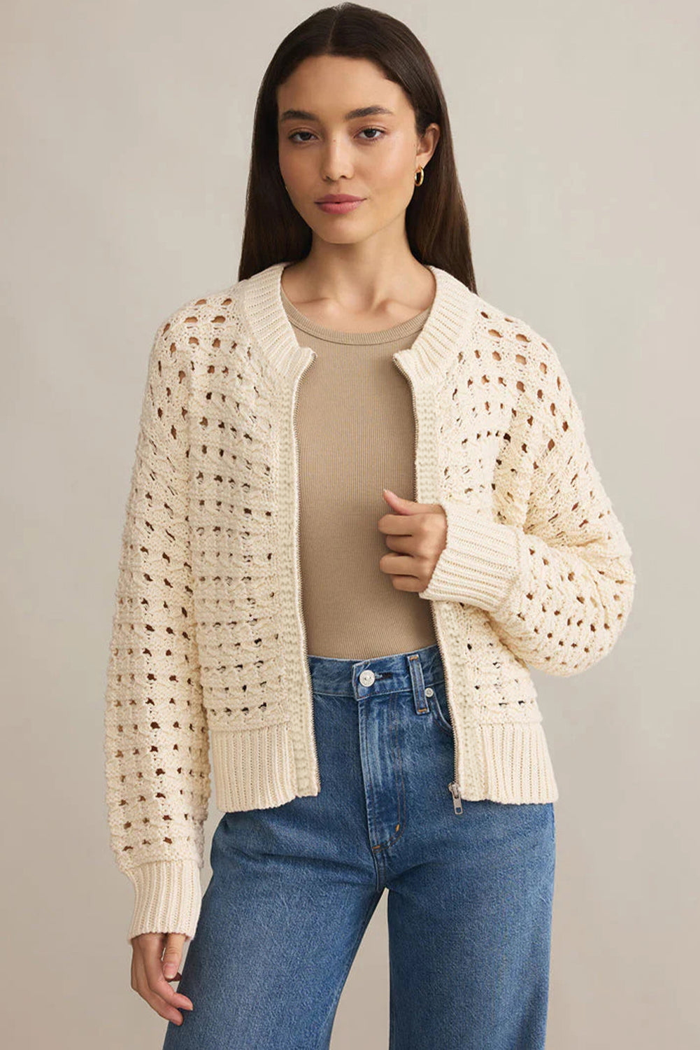 Beige Hollowed Pattern Knit Zip Up Drop Shoulder Cardigan