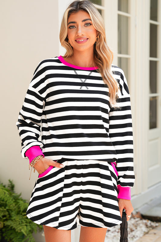 Black Stripe Contrast Trim Long Sleeve Top and Shorts Set