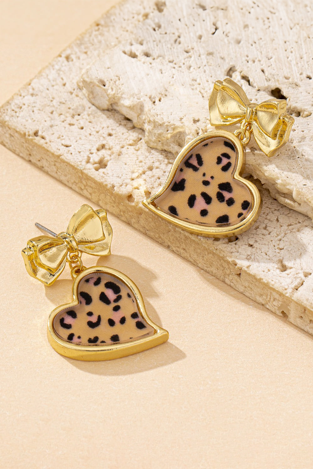 Gold Leopard Print Heart Bow Drop Earrings