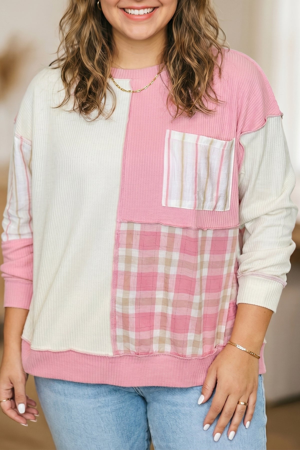 Pink Plaid Panel Plus Top