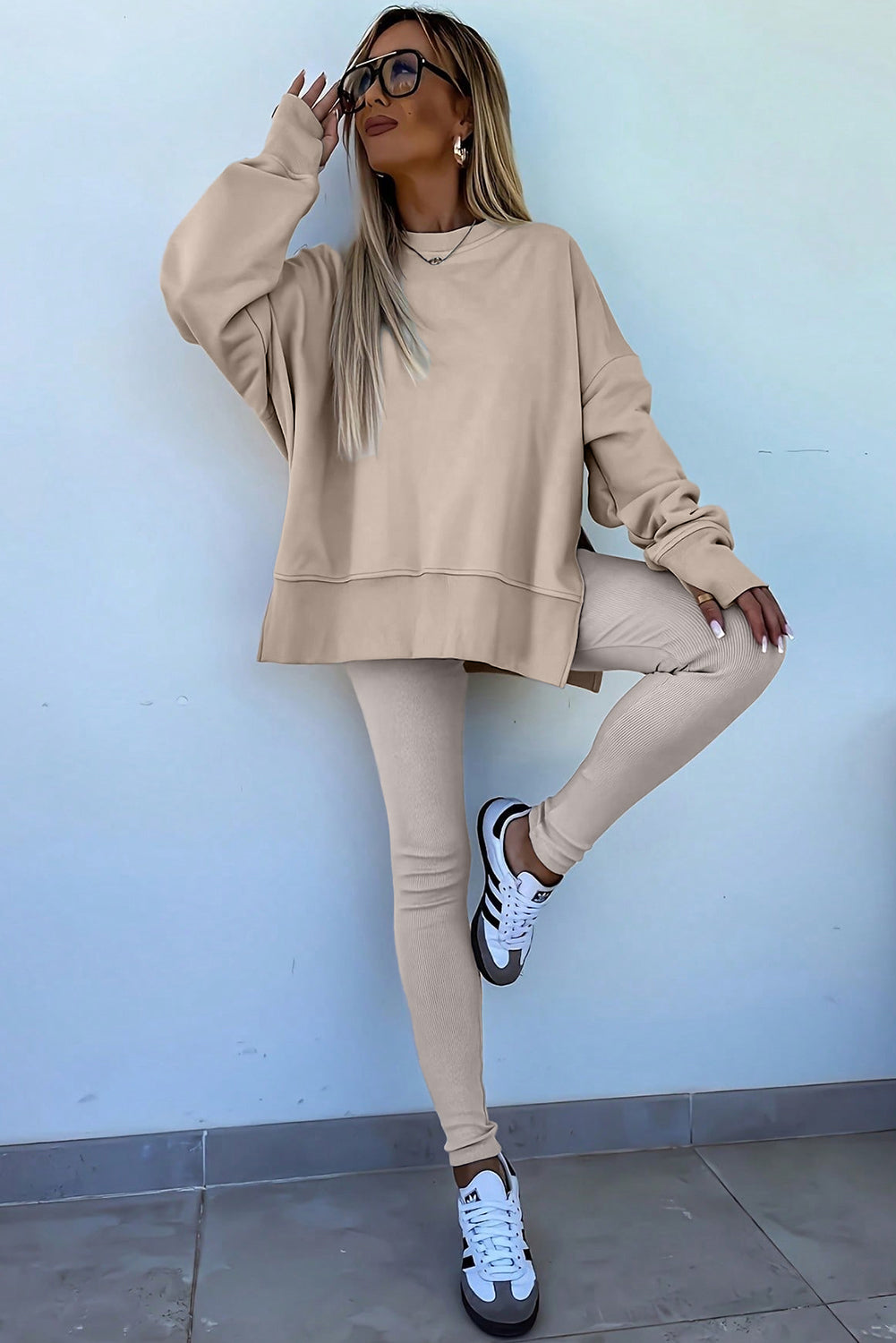 Green Bay Solid Color Oversize Slit Sweatshirt Ribbed Leggings Set