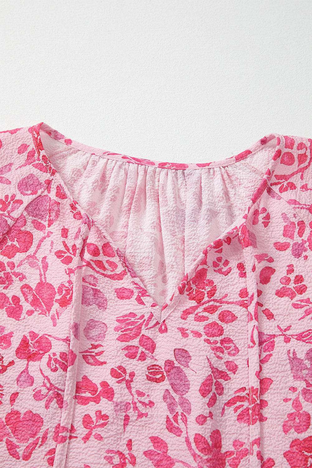 Pink Floral Puff Sleeve Split Neck Blouse
