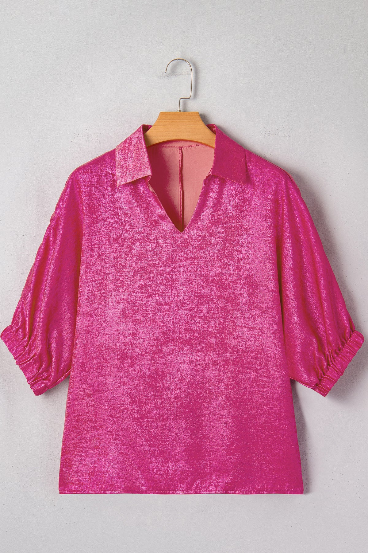 Strawberry Pink Collared V Neck Half Sleeve Metallic Top