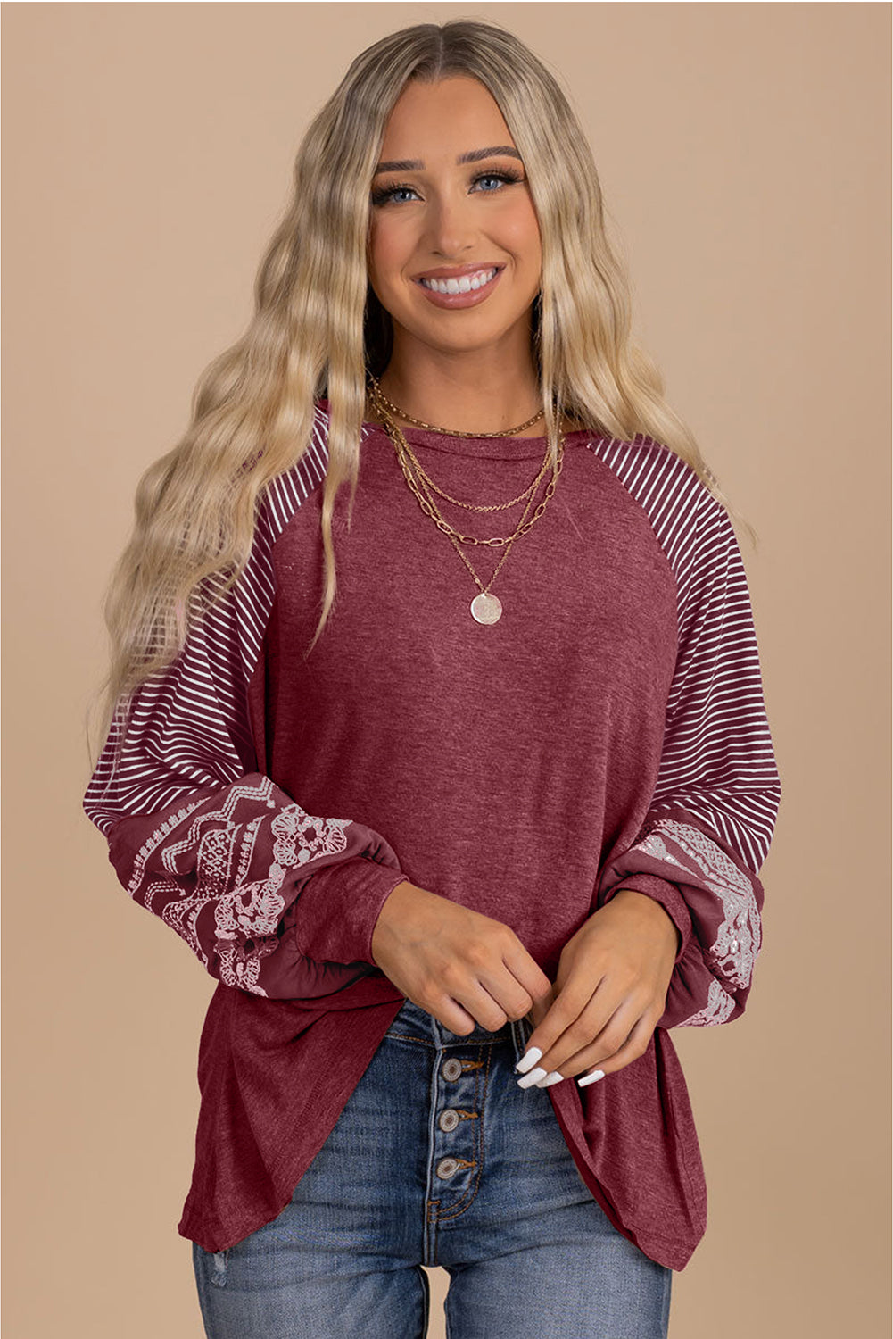 Mineral Red Contrast Print Striped Raglan Long Sleeve Loose Top