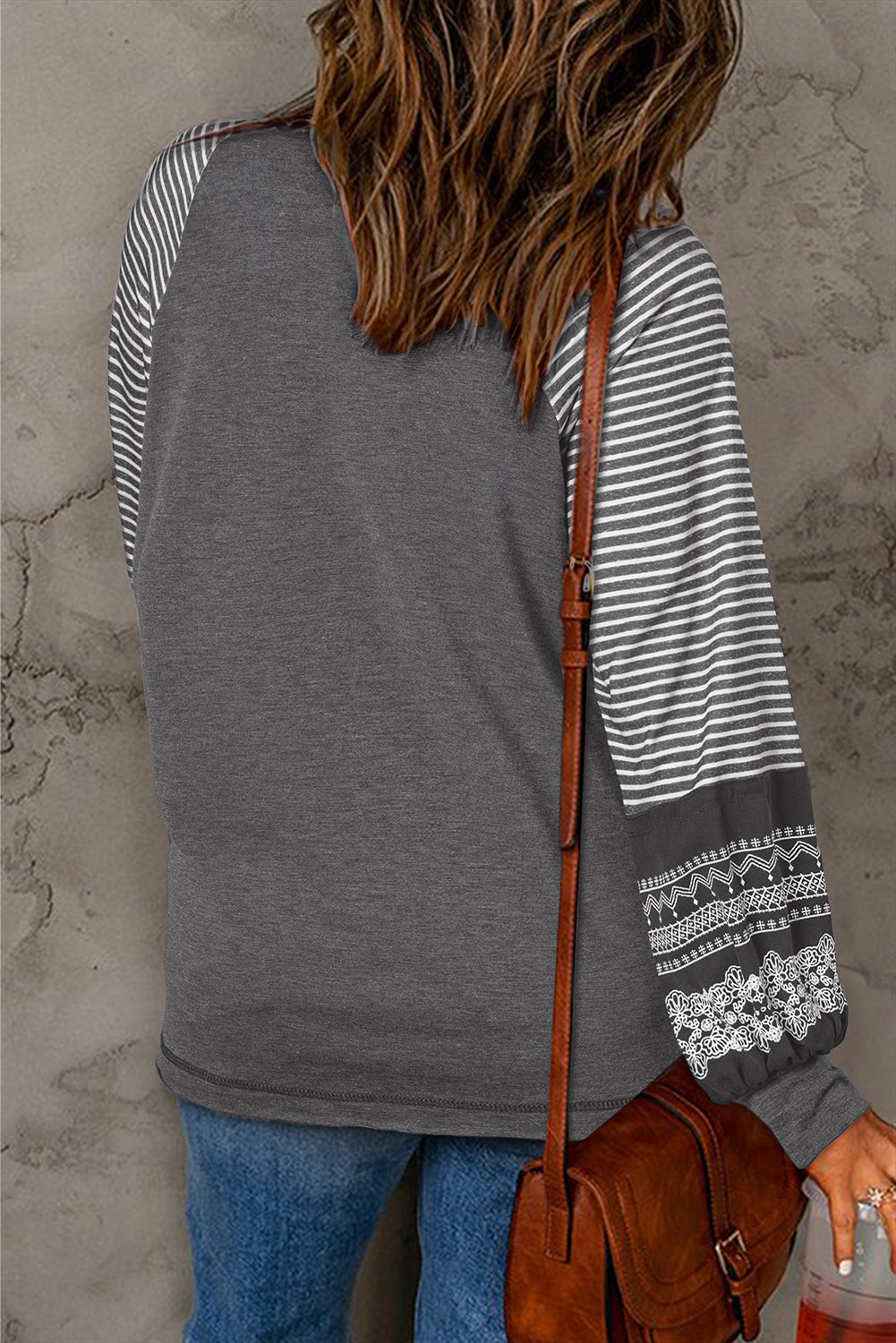 Mineral Red Contrast Print Striped Raglan Long Sleeve Loose Top