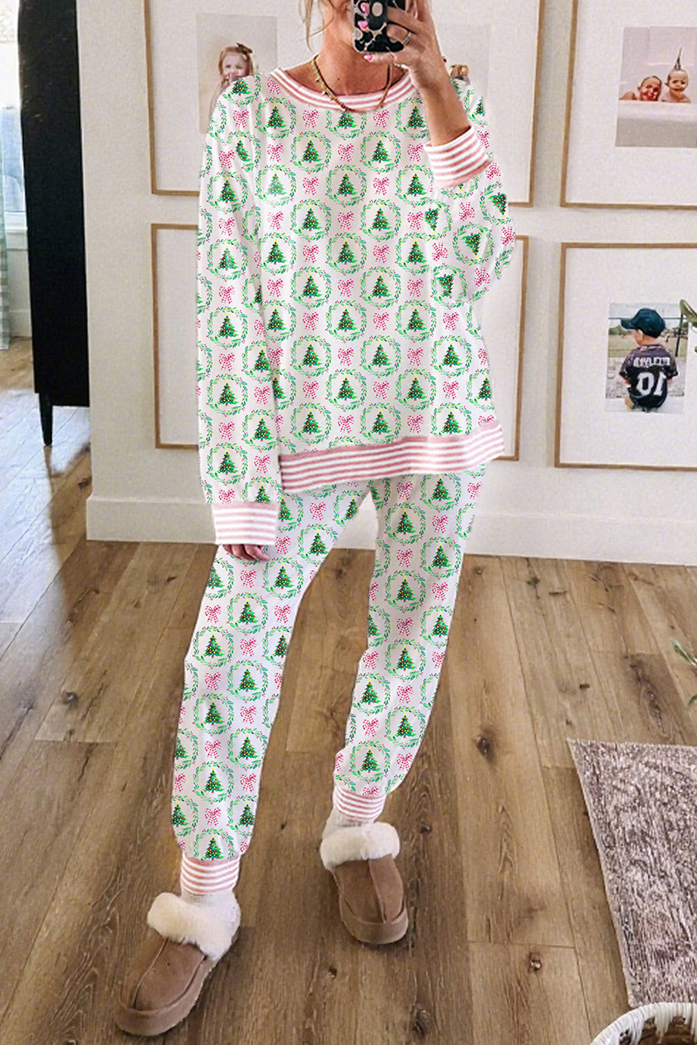 Pink Christmas Tree Reindeer Print Contrast Striped Trim Pajama Set
