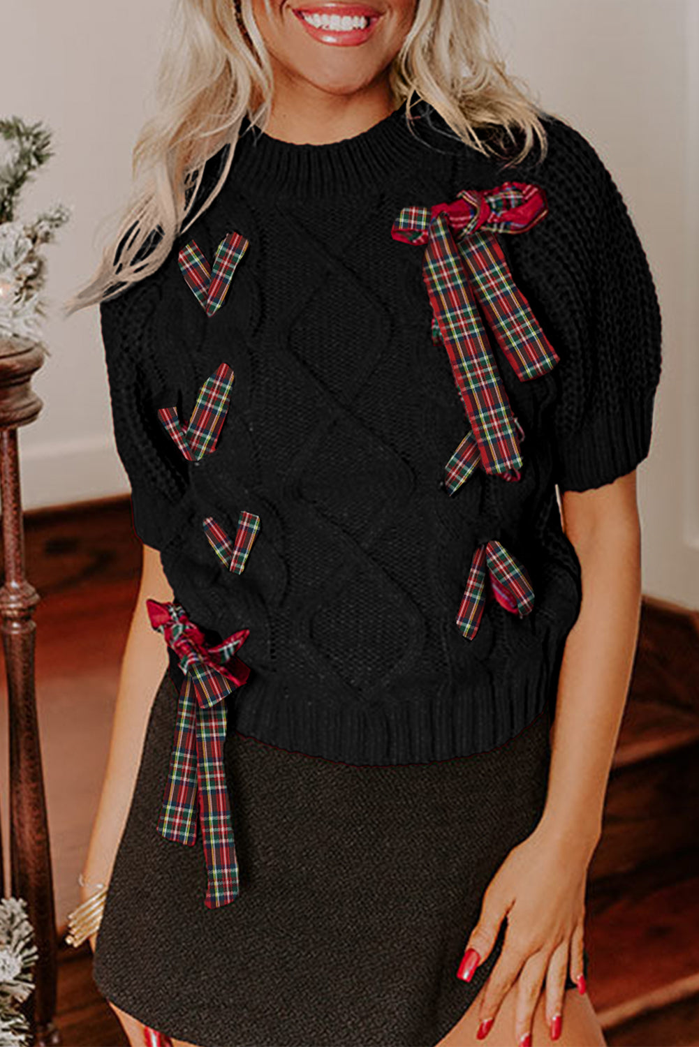 Black Plaid Lace-up Detail Christmas Holiday Puff Short Sleeve Sweater