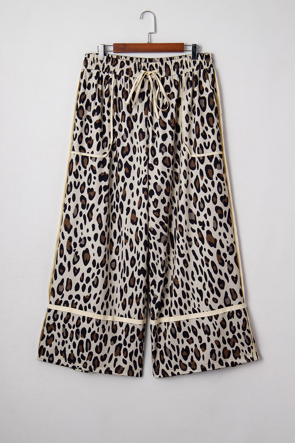 Khaki Exposed Seam Patched Pocket Plus Size Leopard Wide Leg Pants