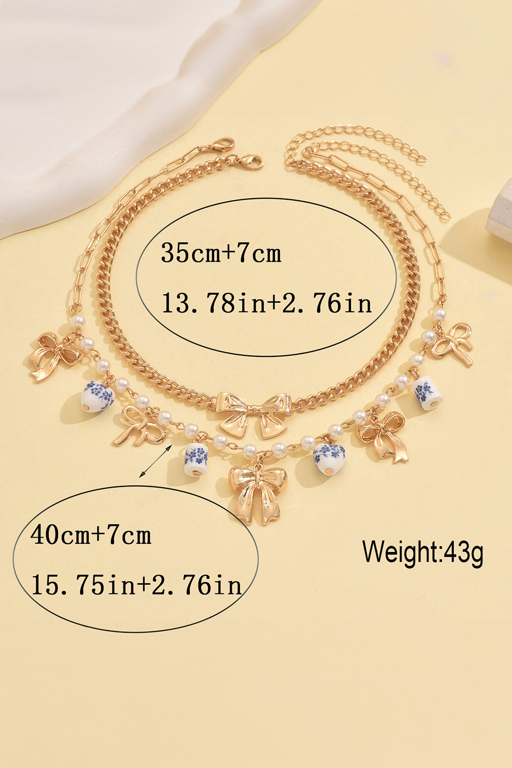 Gold 2pcs Pearl Bow Ceramic Pendants Chain Necklace Set