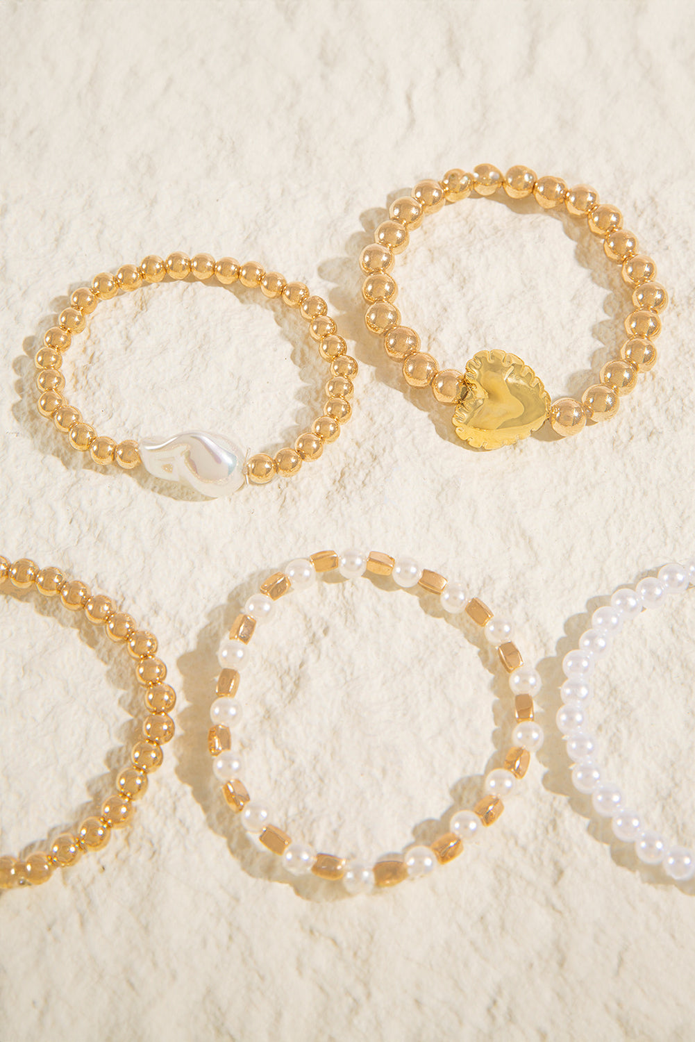 Gold Minimalist Style Heart & Pearl Beaded Bracelet Set